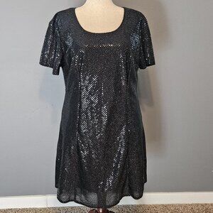 90s Y2K JAZZ II - WOMEN'S BLACK SEQUIN SHORT SLEEVE DRESS SIZE 18 LINED